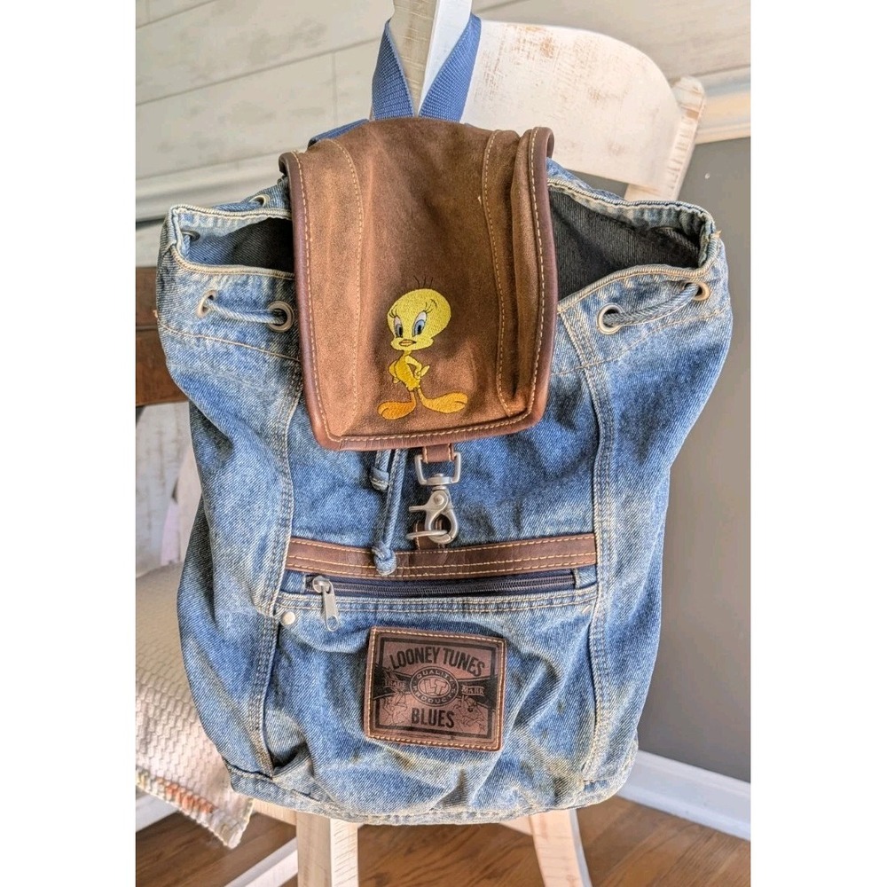 Vintage Y2K Looney Tunes Blues Tweety Bird Denim Suede Backpack Y2K